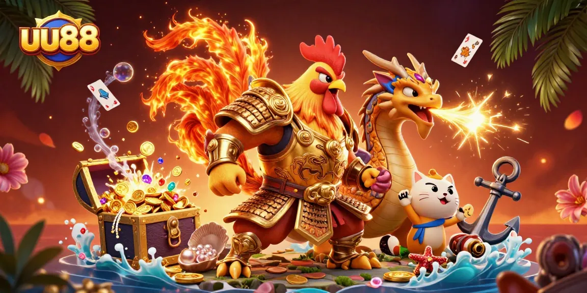 Experience thrilling gameplay at uu88 with our dynamic casino characters amidst vibrant treasures.