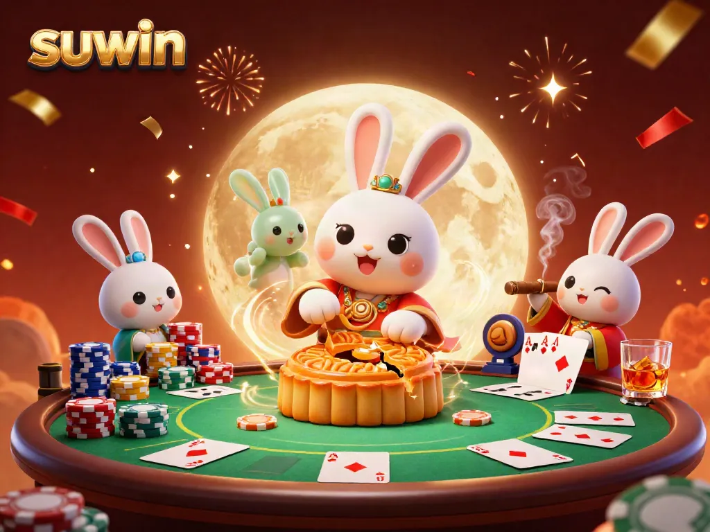Experience the thrilling magic of suwin as cartoon characters celebrate with poker chips and mooncakes