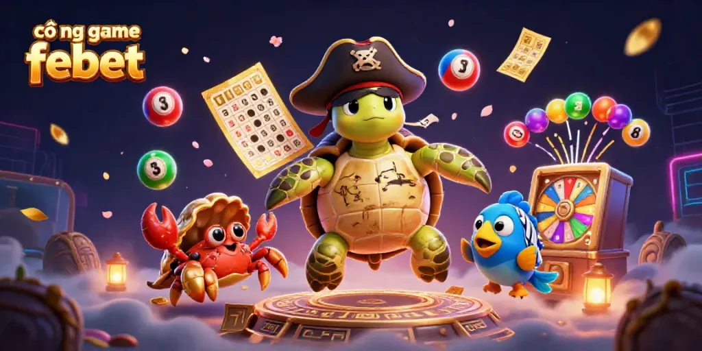 Immerse yourself in cổng game febet with a vibrant 3D illustration showcasing a turtle, crab, and parrotfish amidst dynamic lottery elements.