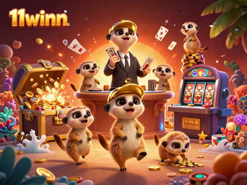 Engage in thrilling gameplay with 11winn's vibrant meerkat casino illustration featuring exciting game elements.