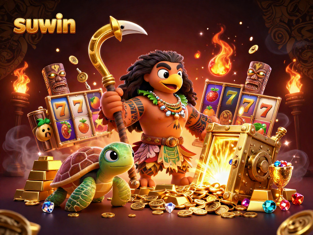 Suwin-inspired slots scene depicting a tribal demigod hawk and turtle surrounded by vibrant gaming elements.
