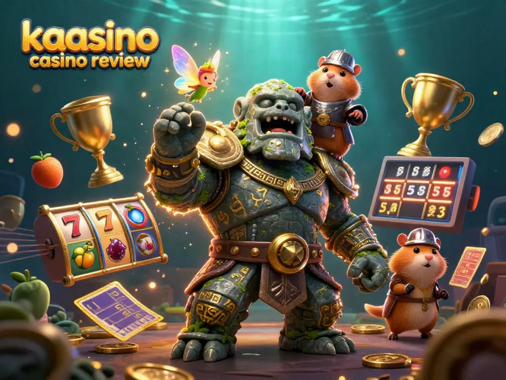 Kaasino casino review shows ancient golem and friends with slot symbols in a vibrant casino setting.