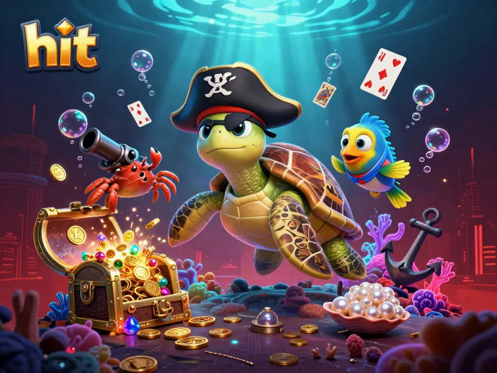 Hit the jackpot with a 3D pirate turtle and friends uncovering underwater treasures in a thrilling casino adventure.