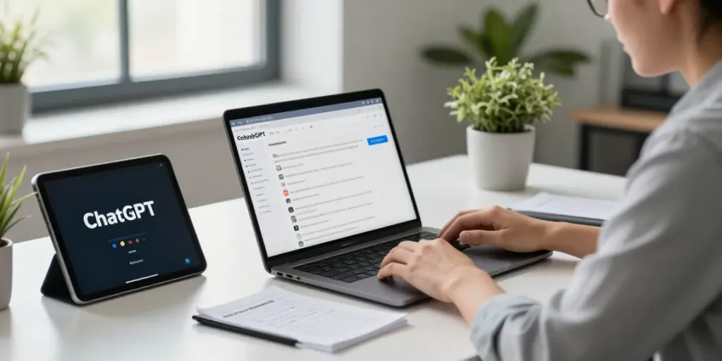 Check if ChatGPT mentions my brand in a modern tech workspace with a marketing specialist analyzing AI data.
