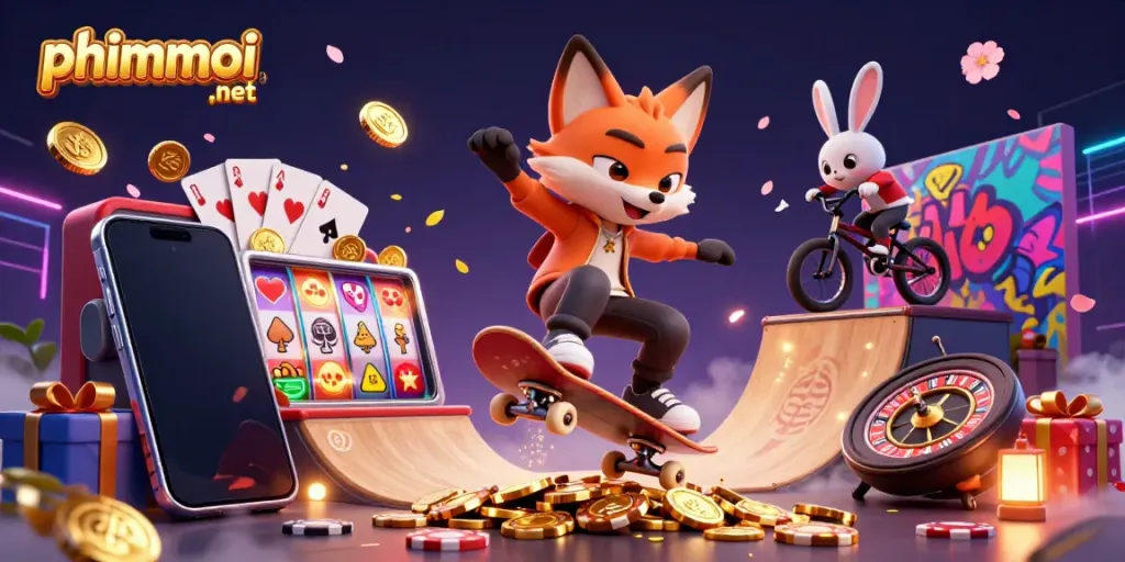 Catch the excitement of phimmoi ,net with a vibrant illustration featuring cartoon characters engaged in casino-themed action.