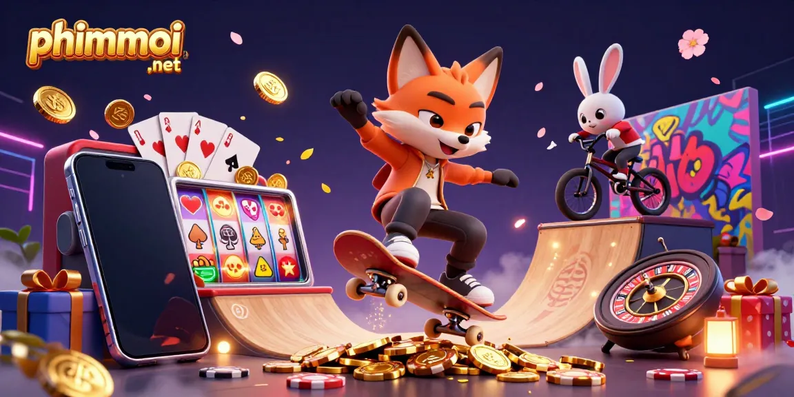 Catch the excitement of phimmoi ,net with a vibrant illustration featuring cartoon characters engaged in casino-themed action.