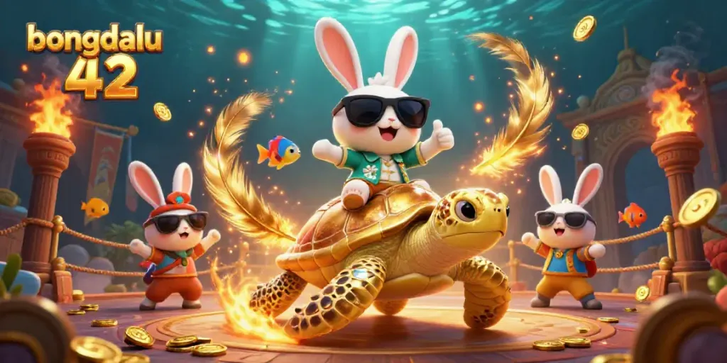 Bongdalu 42 showcases a vibrant 3D scene with a lucky rabbit and a golden turtle, emphasizing dynamic betting excitement.