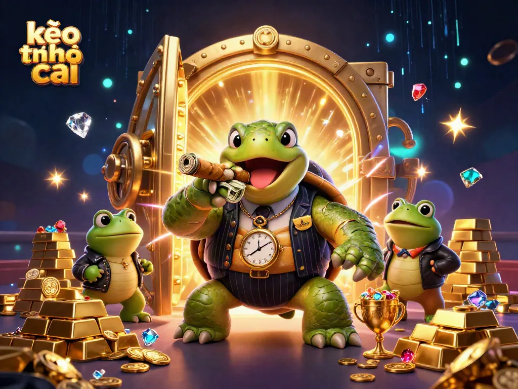 Experience the thrill of kèo nhà cái with a cartoon turtle mobster and froggy enforcers in a dynamic casino scene.