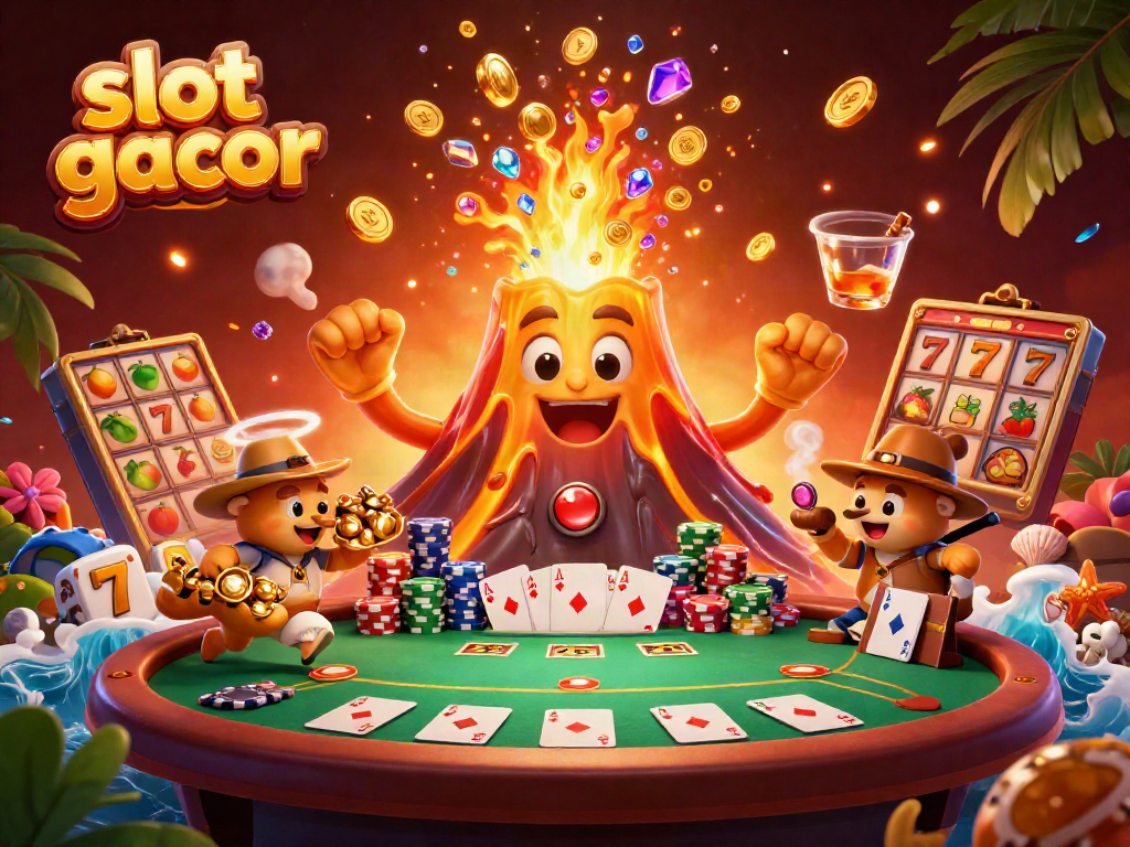 Experience the thrill of slot gacor with a triumphant volcano and treasure-laden explorer animals.