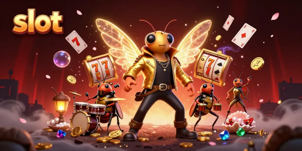 Experience thrilling slot action with detailed 3D illustration of rock star cicada amidst eclectically arranged game elements.