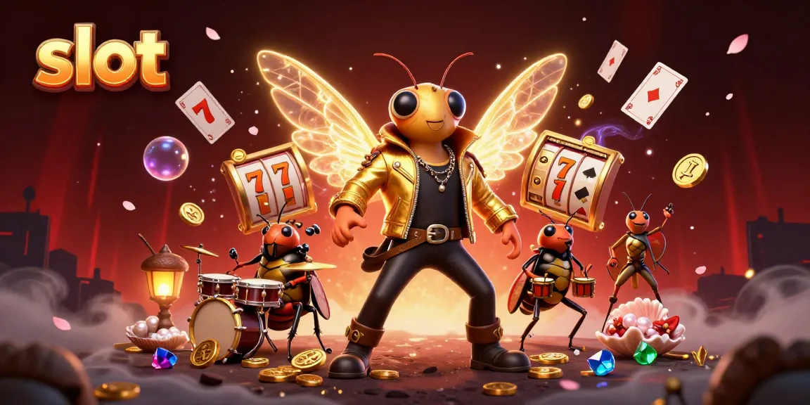 Experience thrilling slot action with detailed 3D illustration of rock star cicada amidst eclectically arranged game elements.