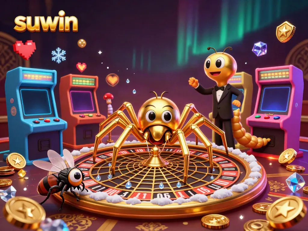 Experience the excitement with suwin in a vibrant 3D casino scene featuring large characters and glowing gaming elements.