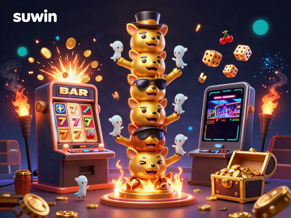 Experience the thrill with suwin's vibrant casino scene featuring a golden totem pole and jackpot explosion.