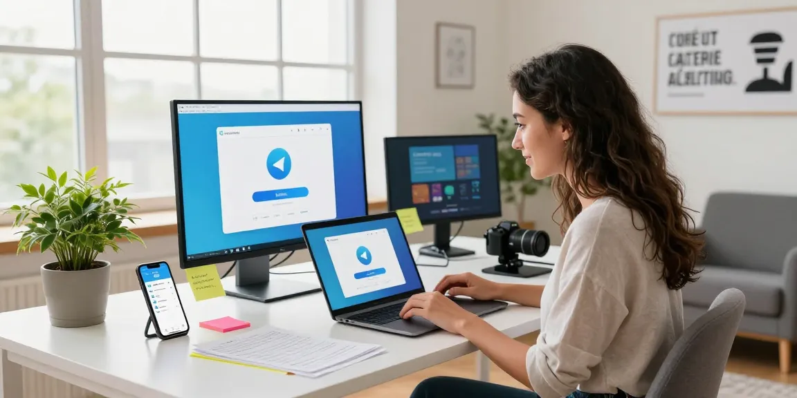 Download Telegram on a modern laptop in a bright workspace full of tech gadgets and notes.