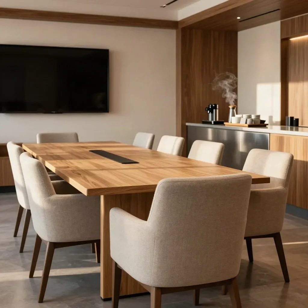Vergaderruimte met stoelen, scherm, koffiehoek en lunchtray in zacht licht.