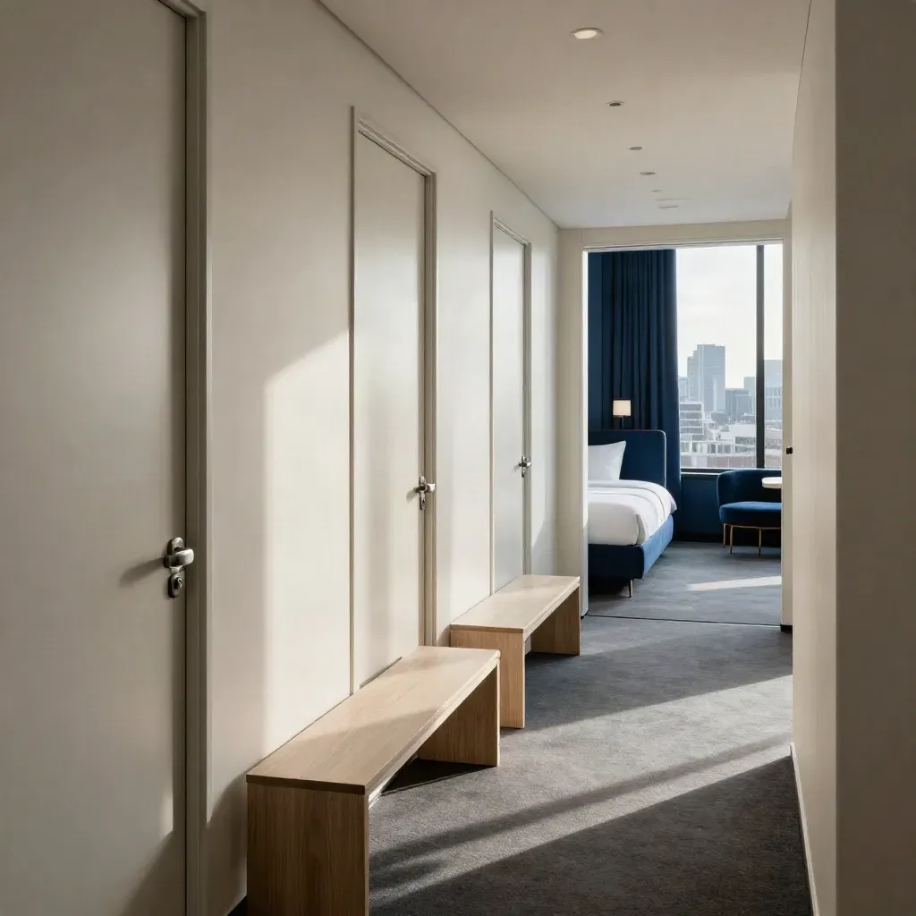 Corridor met hotelkamers, suite, bagagebanken en uitzicht op Rotterdam.