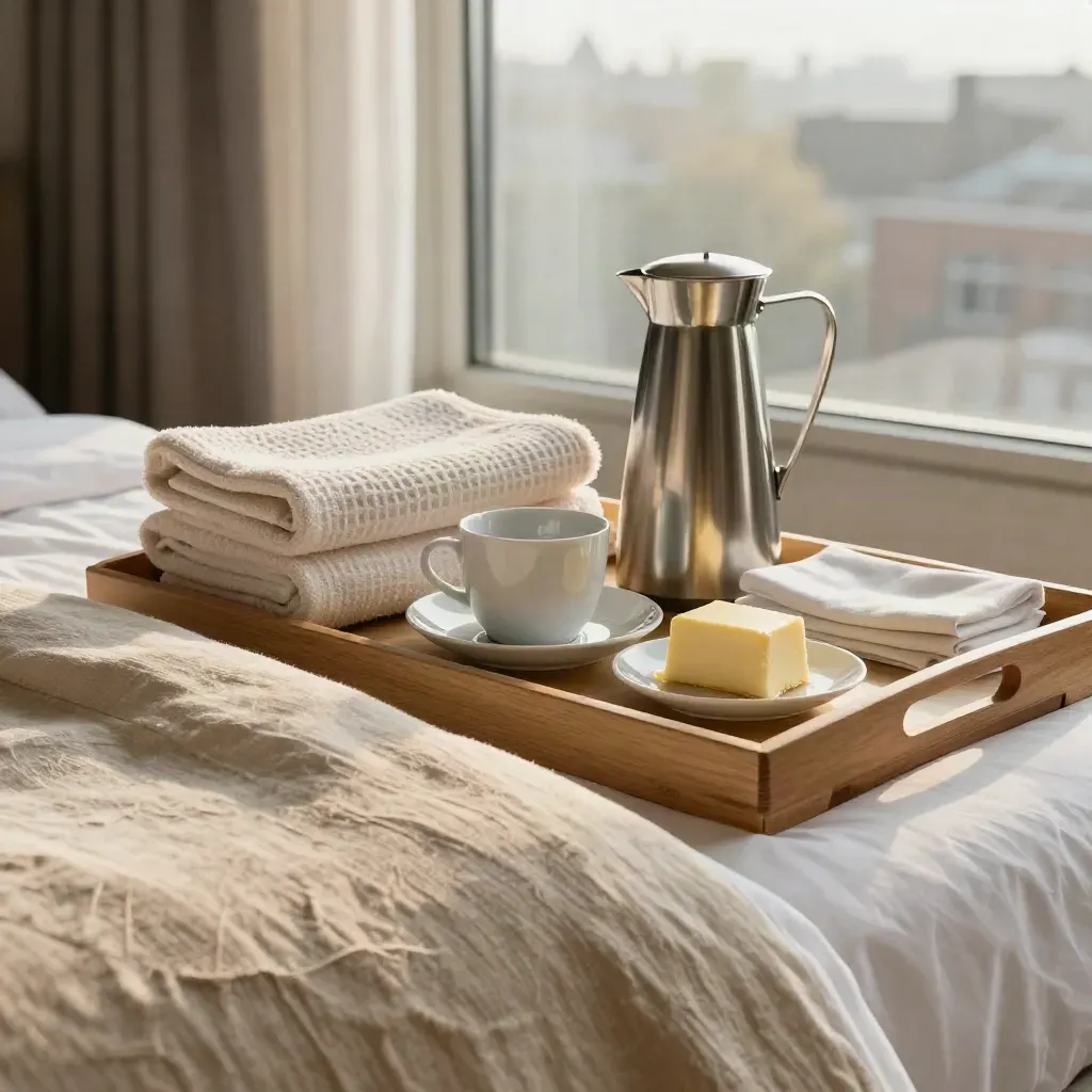 Gestyled hotelbed met handdoeken, ontbijtservies en een zacht Utrechtse raamzicht.