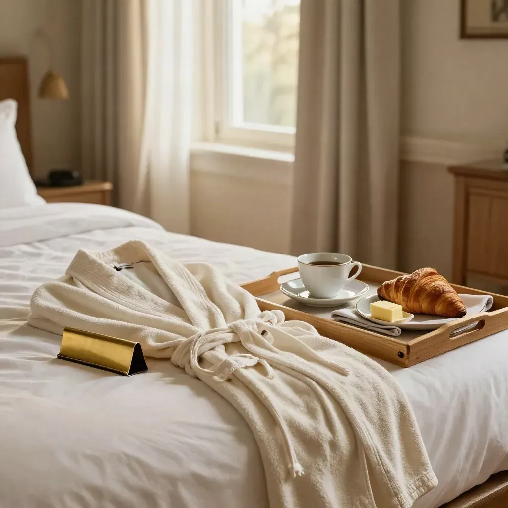 Hotelkamer met ontbijt op bed, badjas en open gordijnen in zacht ochtendlicht.