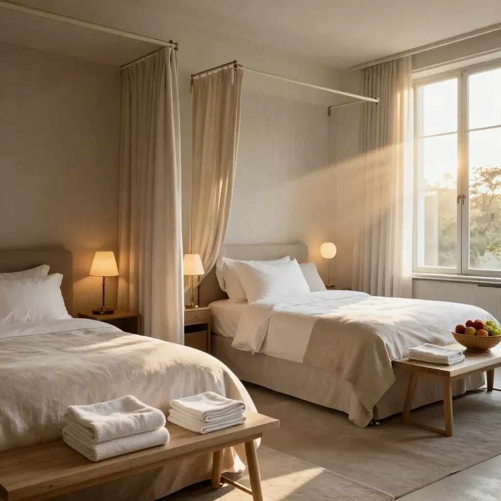 Ademend familiesuite met twee kamers, open gordijnen, fruitmand en opgemaakte bedden.