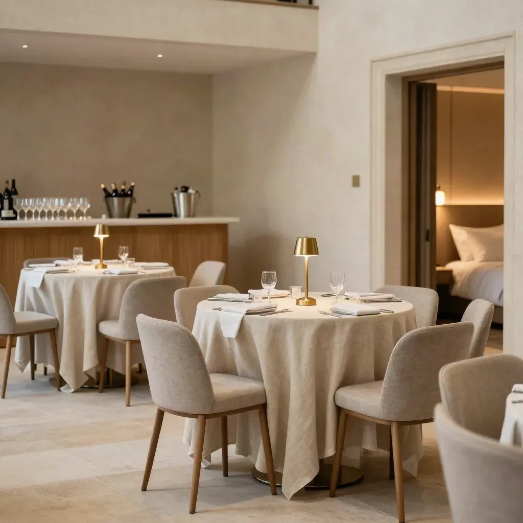 Luxe teamdagopstelling met ronde tafels, bar en open hotelkamerdeur in warm avondlicht