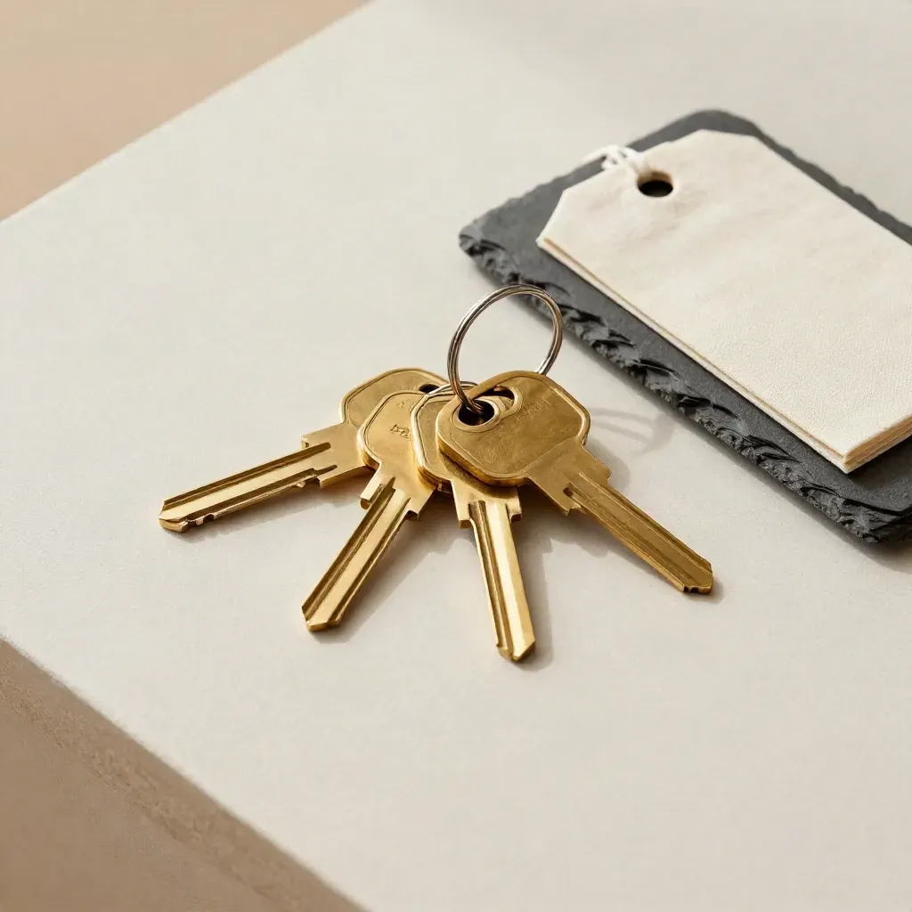 Drie brass sleutels, linnen label en slate tray op lichte pleister, top-down geordend.