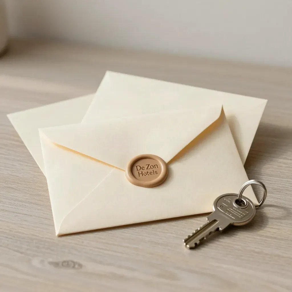 Envelop, kaartje en kamersleutel op licht houten bureau in zachte hotelstilering