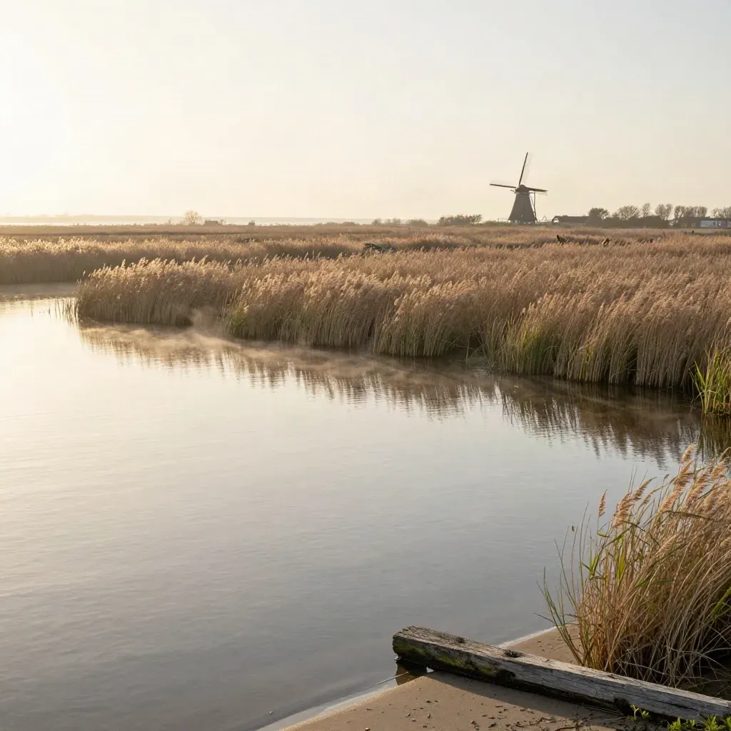 Noord-Holland met rietwater, dijken, windmolens en een zachte gouden avondlucht