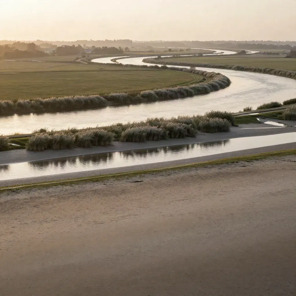 Zuid-Holland landschap met slingerende rivier en mistige stadssilhouet in avondlicht