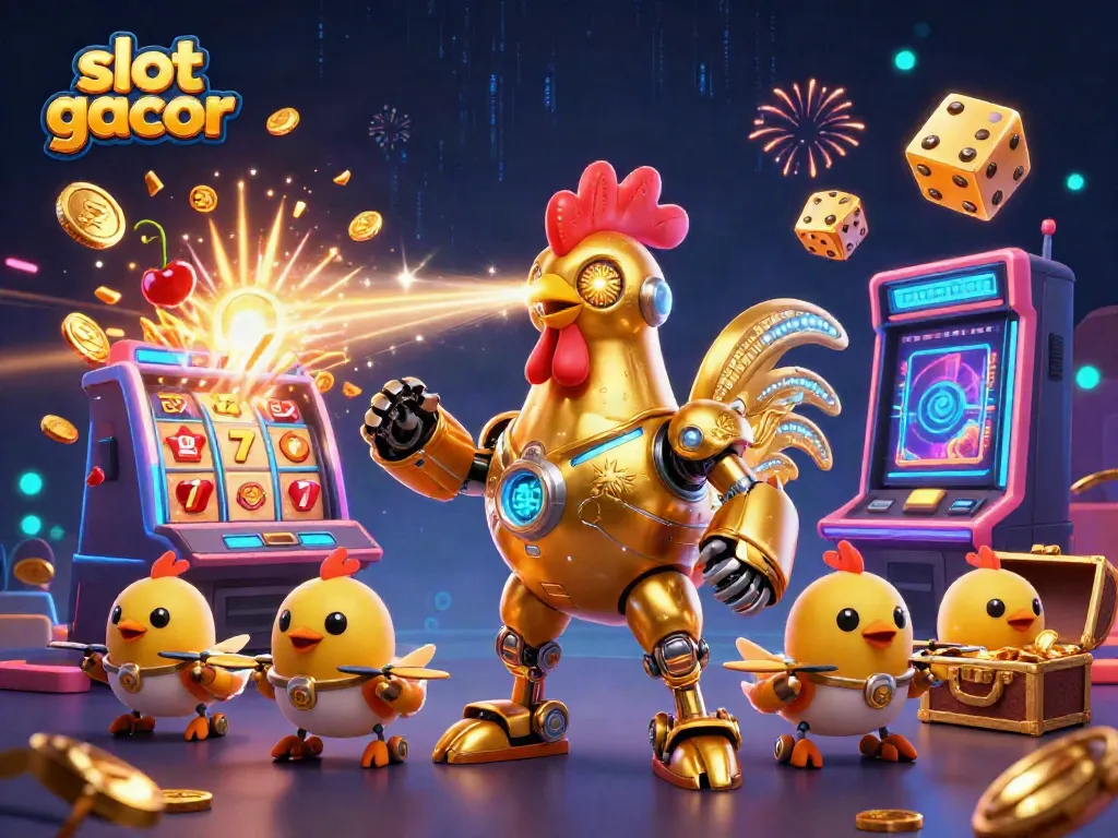 Dynamic scene showcasing slot gacor characters celebrating a jackpot with coins and lights