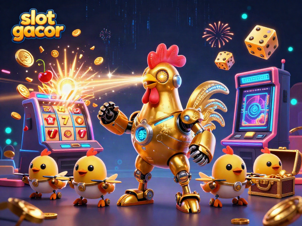 Dynamic scene showcasing slot gacor characters celebrating a jackpot with coins and lights