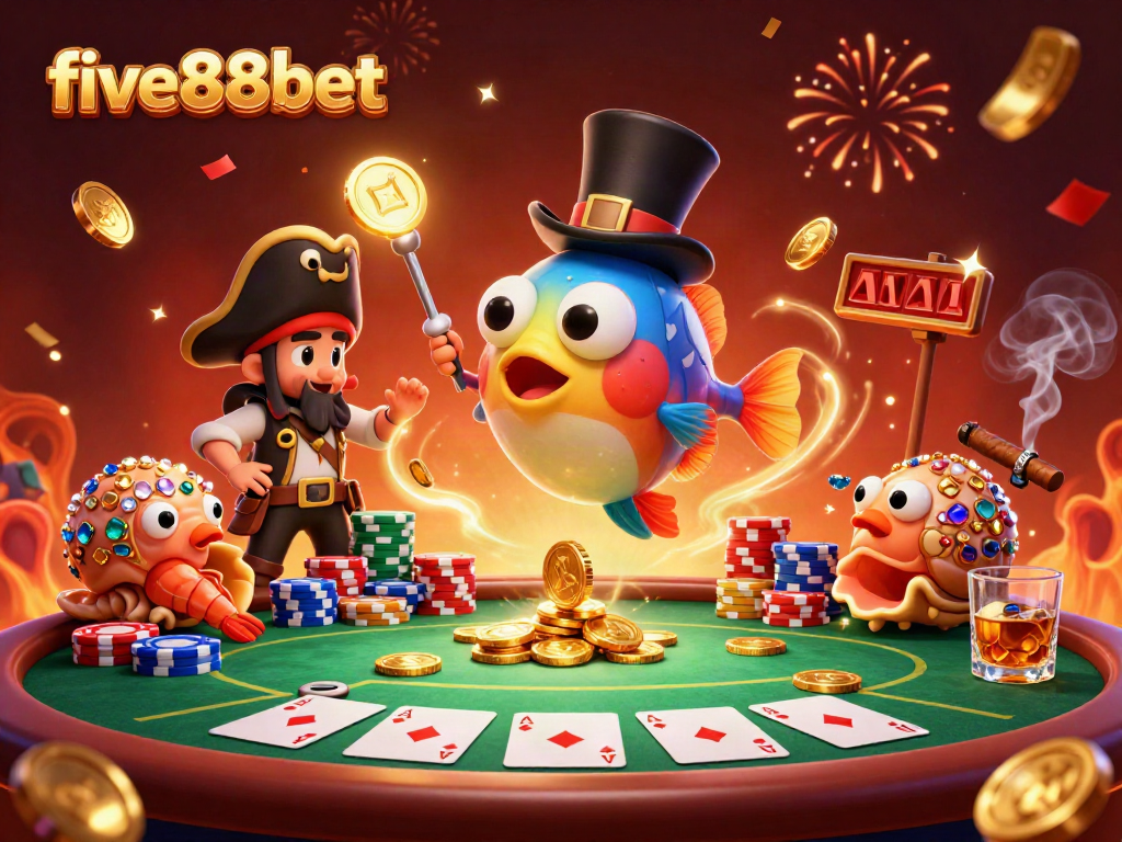 Engaging illustration of five88bet featuring a glowing anglerfish attracting coins among vibrant casino elements.