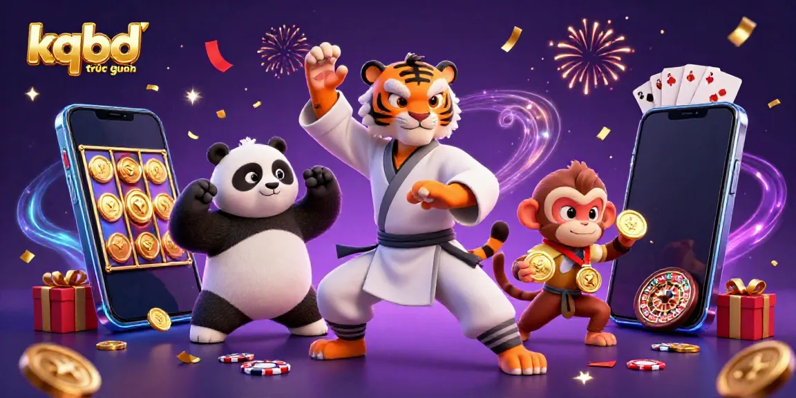 Experience the thrilling action of kqbd trưc tuyên with a kung fu tiger master, amusing panda, and playful monkey among vibrant casino elements.