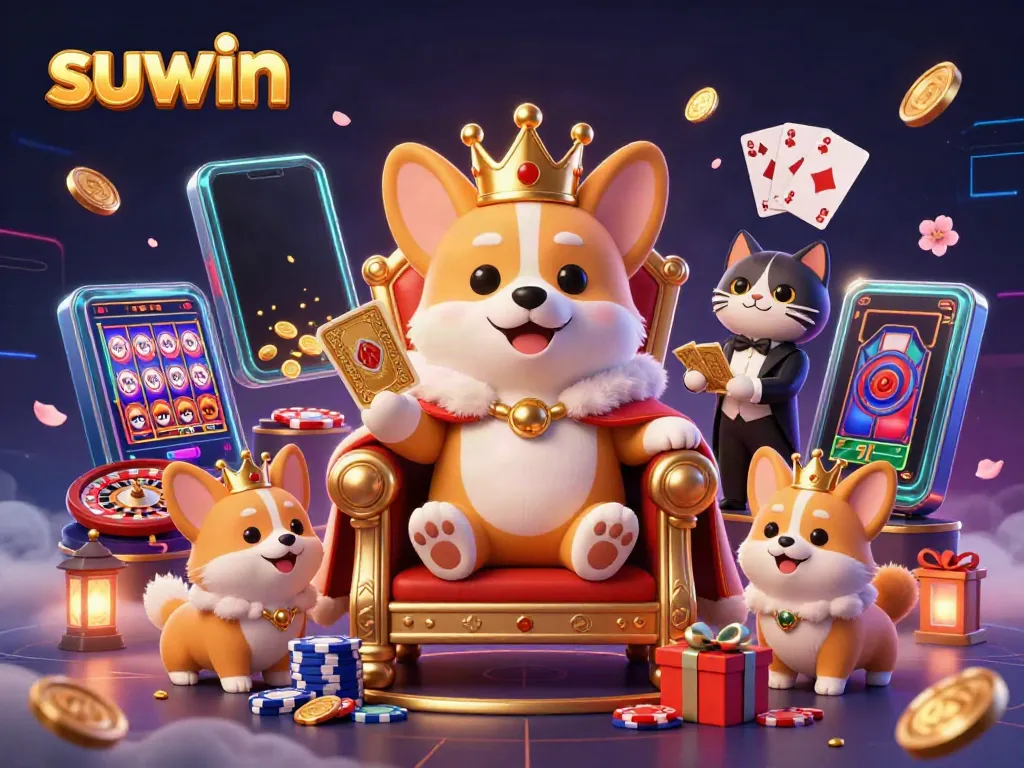 Suwin brings excitement with a royal corgi on poker chips, surrounded by virtual gaming elements.