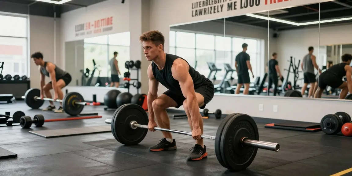 Man die deadlifts uitvoert in de Unique Pharma Steroïden Winkel, energieke sportsfeer met fitnessapparatuur en reflecterende spiegels.