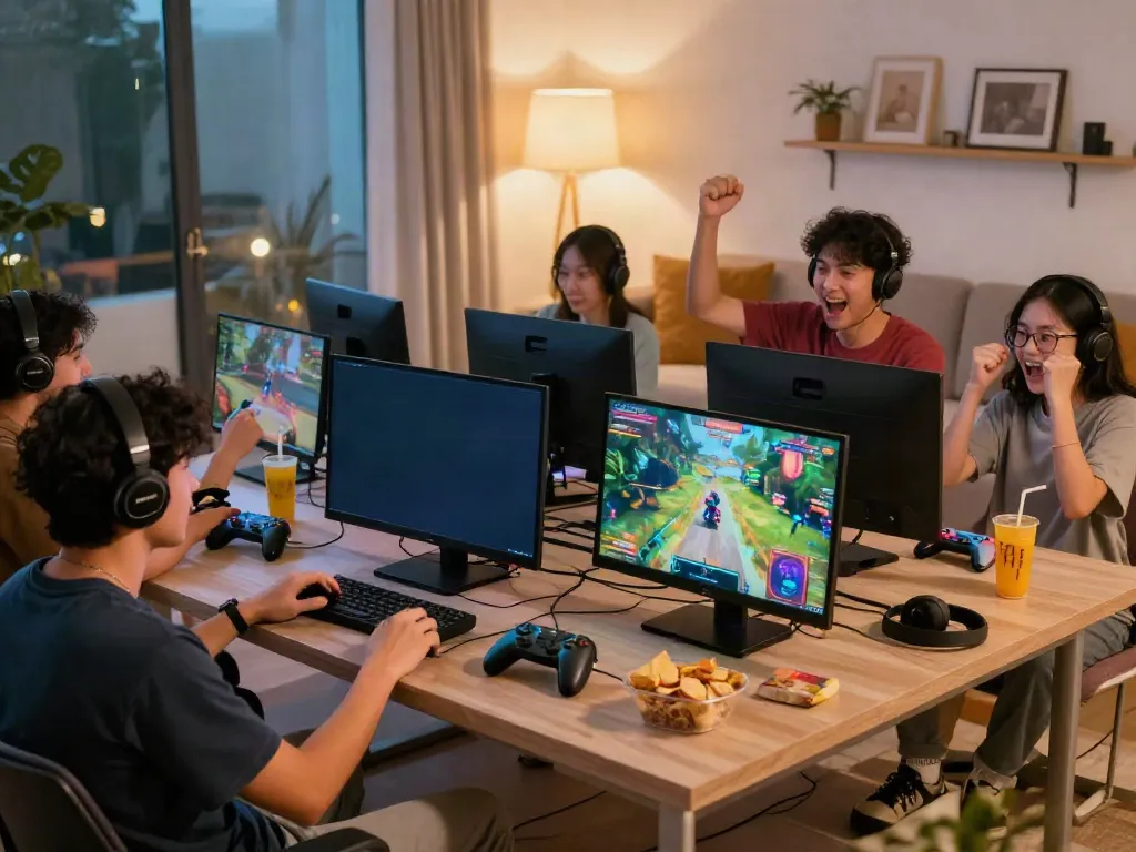 Exciting gaming scene at https://manclub1.jp.net/ with friends celebrating a win, modern living room vibe.