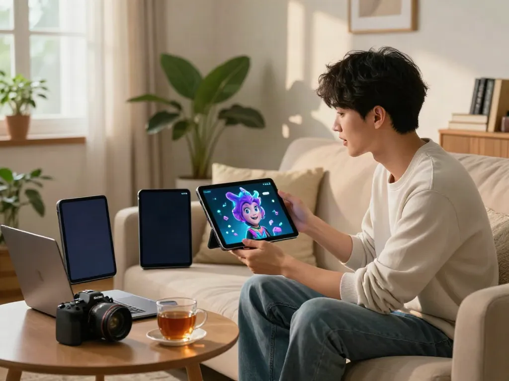Juicy AI chat interaction in a cozy setting with a vibrant character on a tablet
