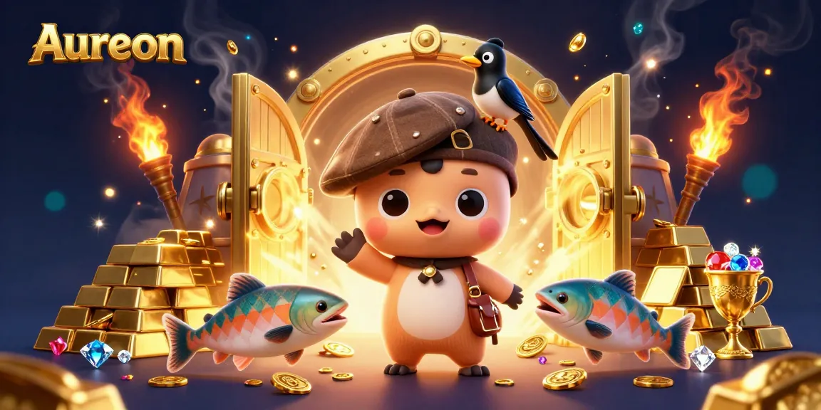 Aureon Casino offers a playful scene featuring gaming characters amidst dazzling treasures and vibrant elements.