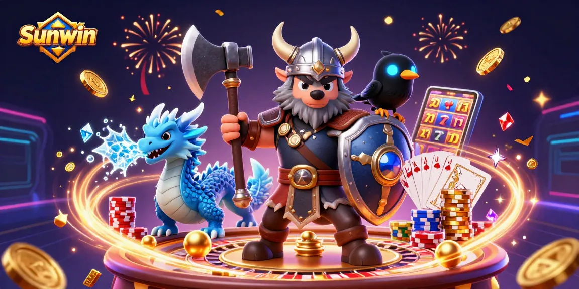 Sunwin players celebrating jackpot wins with vibrant 3D characters amidst golden coins and poker chips