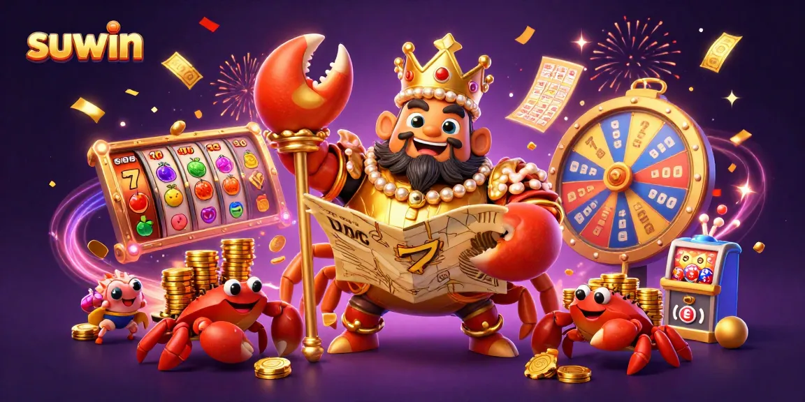 Suwin's vibrant casino scene features a golden crab emperor with treasure as jackpot excitement unfolds.